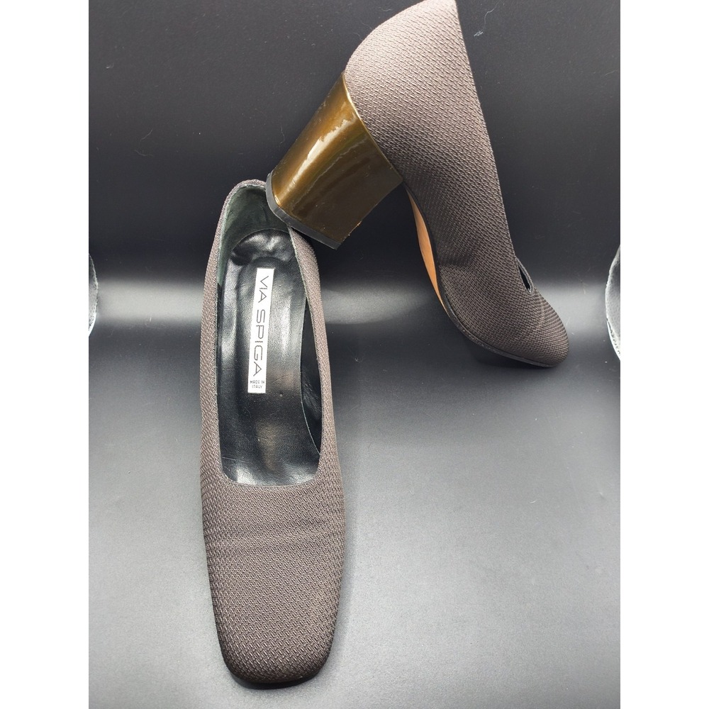 Vintage 90s Via Spiga Brown Knit Square Toe Pumps Metallic Olive Green Block...